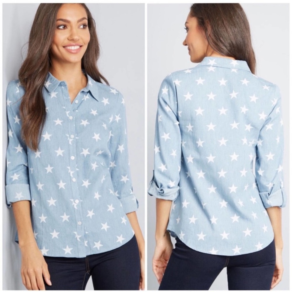 ModCloth Blue Cotton Chambray Star Print Long-Sleeve Button Shirt